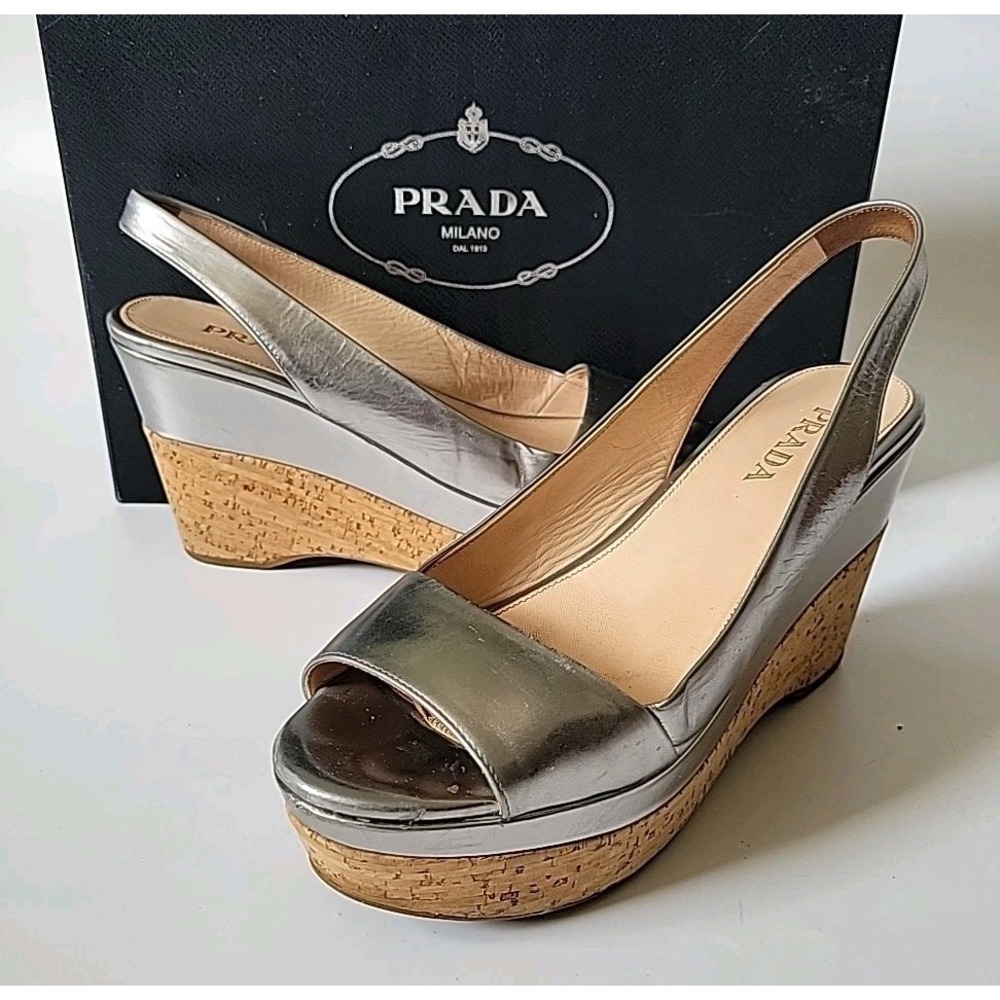 Prada Vernice Open Toe Cork Platform Wedge Heel Sandals‎ 7.5 Silver Metallic